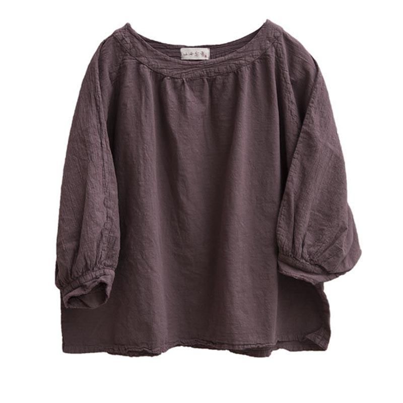 Autumn Loose Pullover Retro Bomuld Linned Puff Sleeve T-shirt