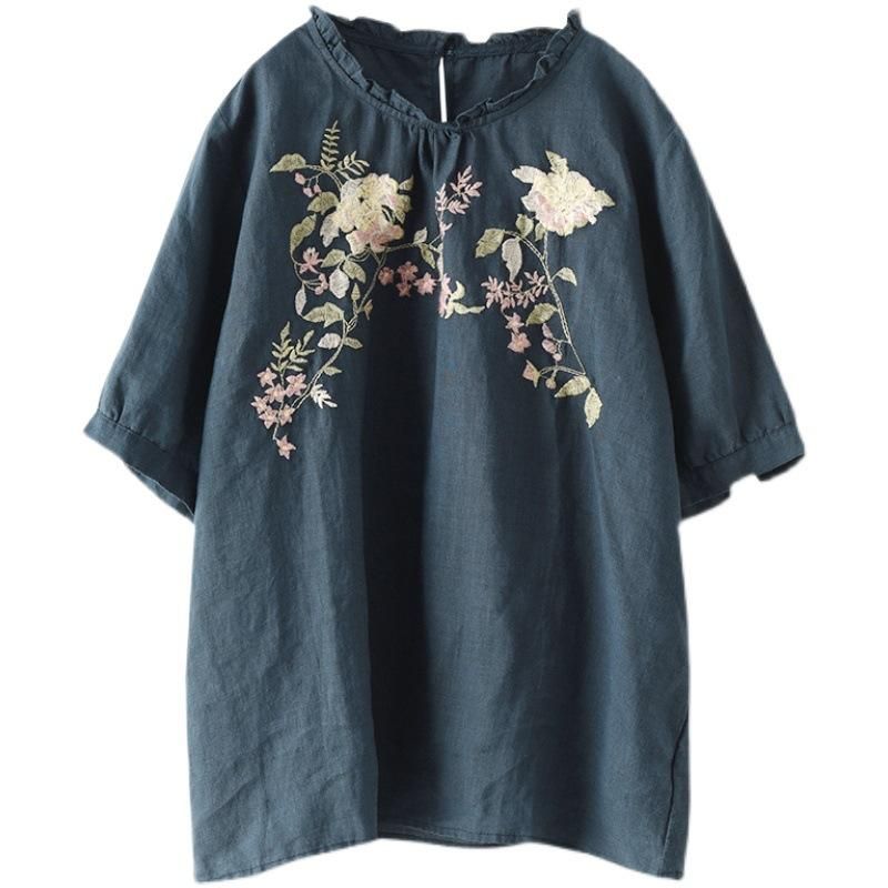 Dame Retro Blomster Broderi Pullover Linned T-shirt