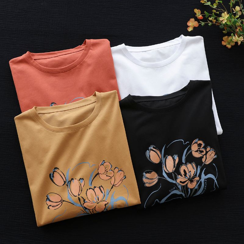 Dame Sommer Løs Retro Blomster Bomuld T-shirt