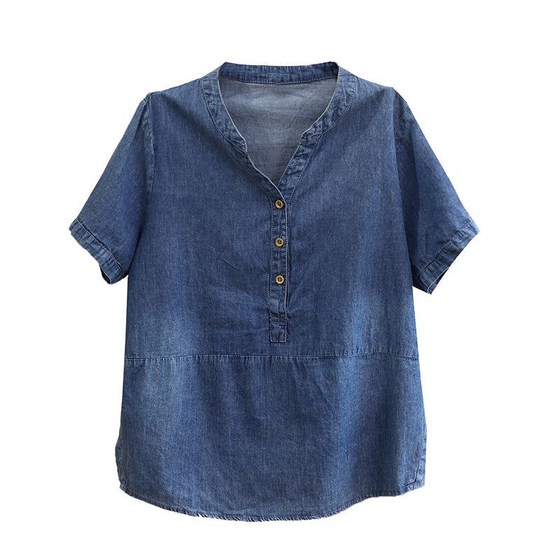 Dame Sommer Mode Løs Tencel Bomuld Denim T-shirt