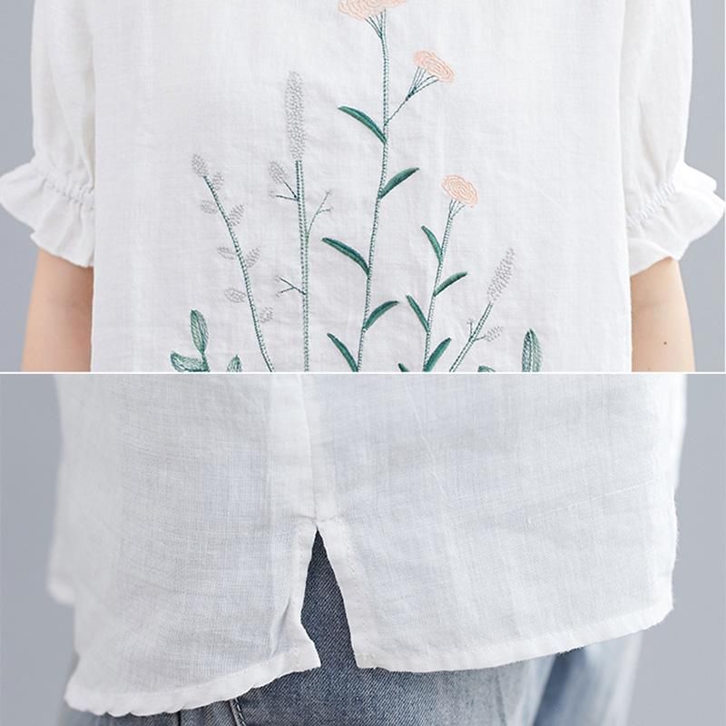 Forår Sommer Løs Afslappet Blomsterbroderi T-shirt I Hør