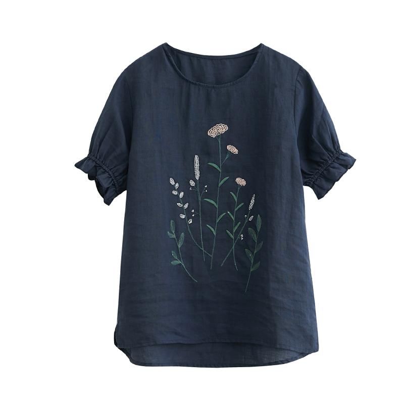 Forår Sommer Løs Afslappet Blomsterbroderi T-shirt I Hør