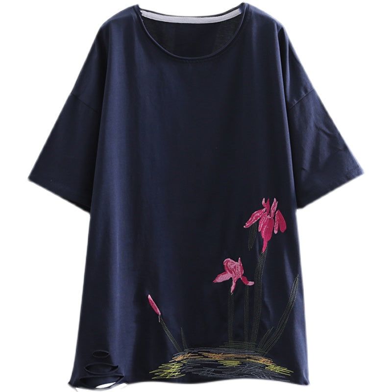 Kvinder Sommer Retro Blomsterbroderi Bomuld T-shirt