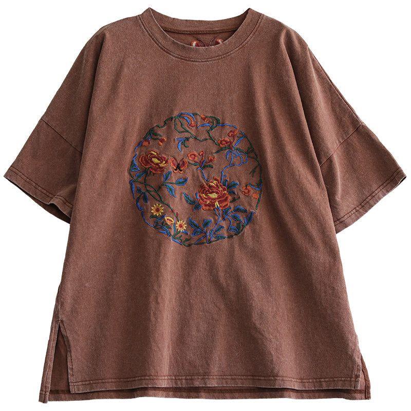 Kvinder Sommer Retro Blomsterbroderi Løs T-shirt