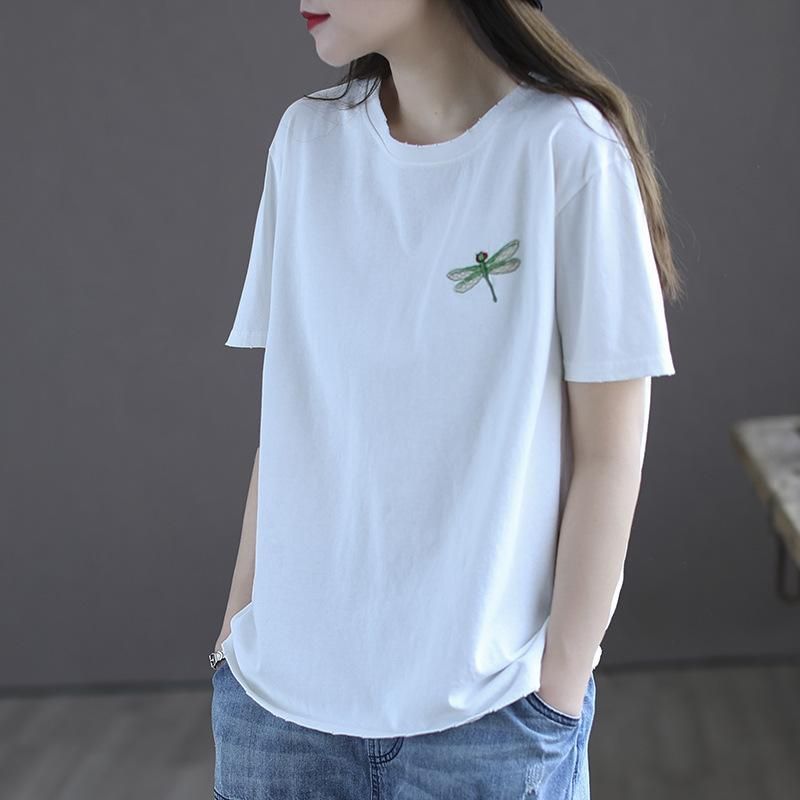 Kvinder Sommer Retro Dragonfly Broderi Bomuld T-shirt