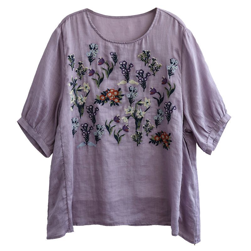 Kvinder Sommer Retro Løs Blomsterbroderi Linned T-shirt