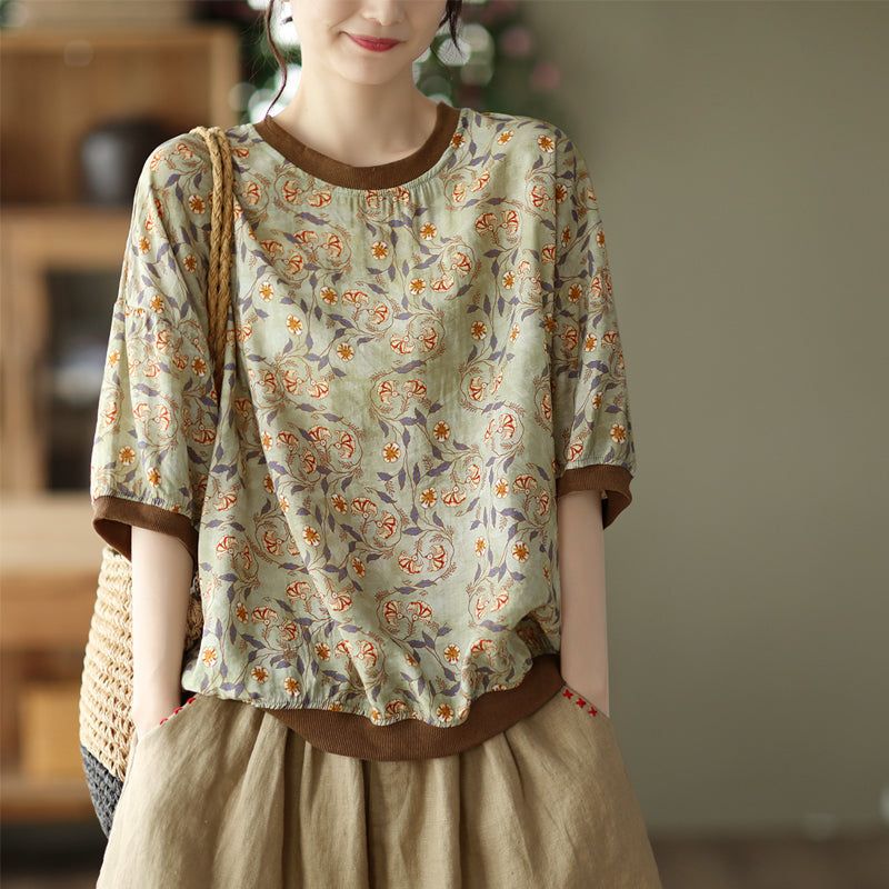 Kvinder Sommer Retro Tencel Linen Floral T-shirt