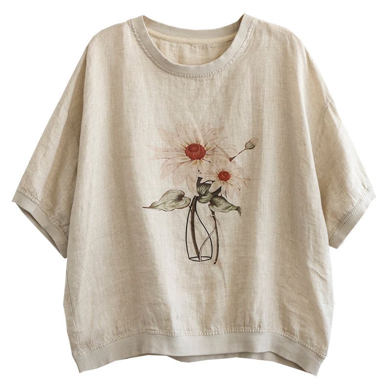 Plus Size Dame Sommer Retro Floral Linned Løs T-shirt