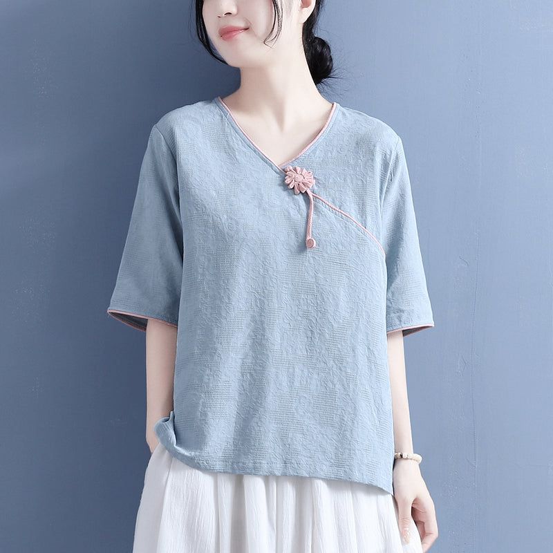 Sommer Bomuld Linned Skew Collar T-shirt