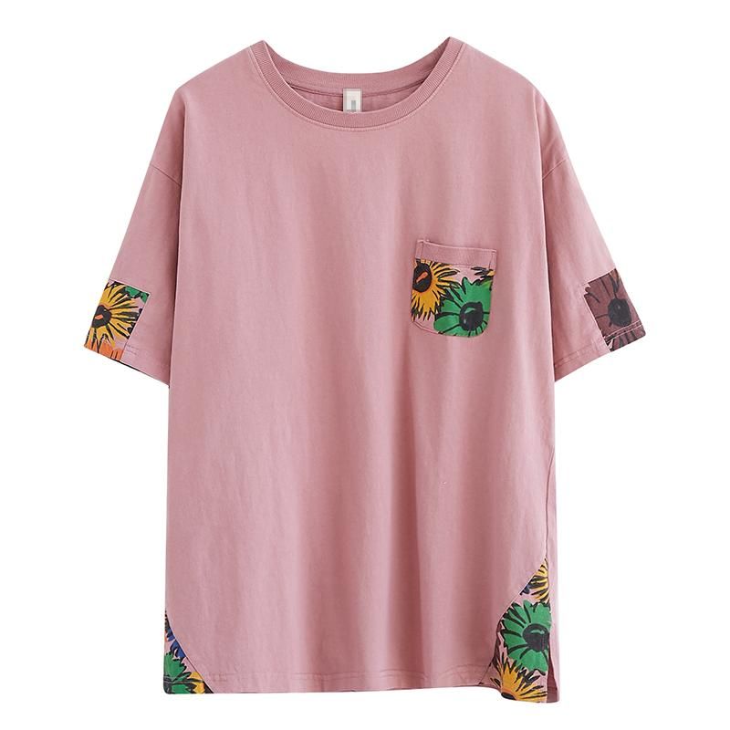 Sommer Løs Blomsterlomme Bomuld T-shirt