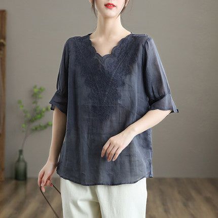 Summer Vintage Kvinder Linen Floral Brodery T-shirt