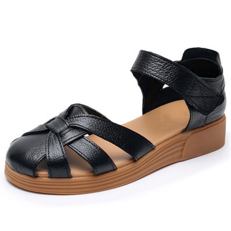 Hollow Out Læder Casual Velcro Sandaler