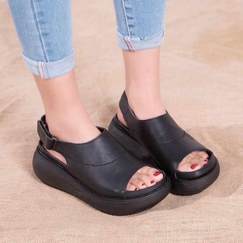 Kvinder Casual Peep Toe Platform Lædersandaler Med Velcro