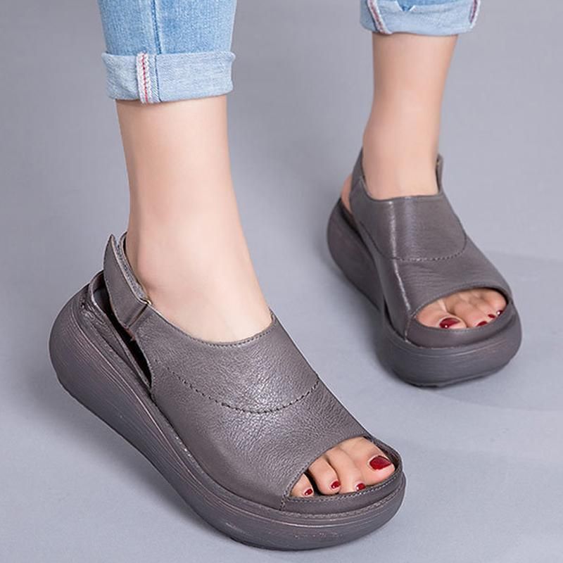 Kvinder Casual Peep Toe Platform Lædersandaler Med Velcro