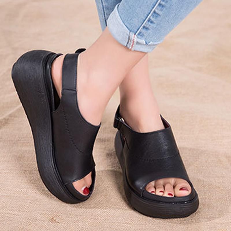 Kvinder Casual Peep Toe Platform Lædersandaler Med Velcro