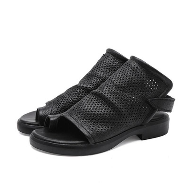 Kvinder Hollow Out Clip Toe Læder Flats Sandaler