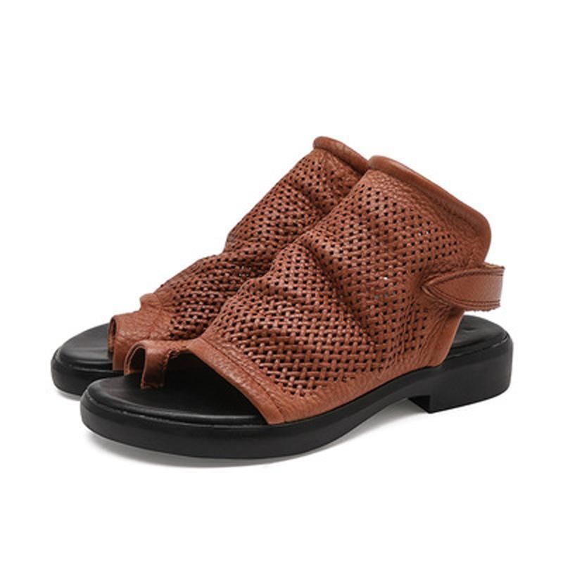 Kvinder Hollow Out Clip Toe Læder Flats Sandaler