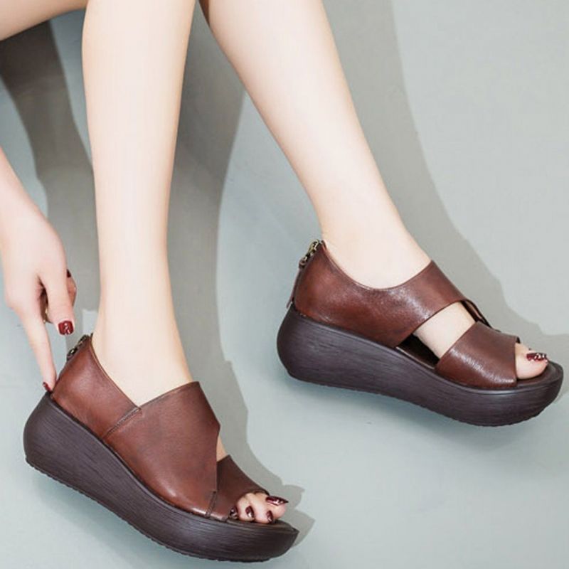 Peep Toe Wedge Casual Lædersandaler