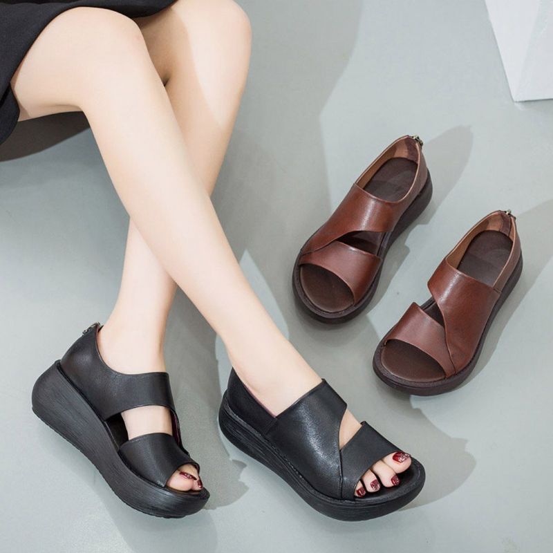 Peep Toe Wedge Casual Lædersandaler