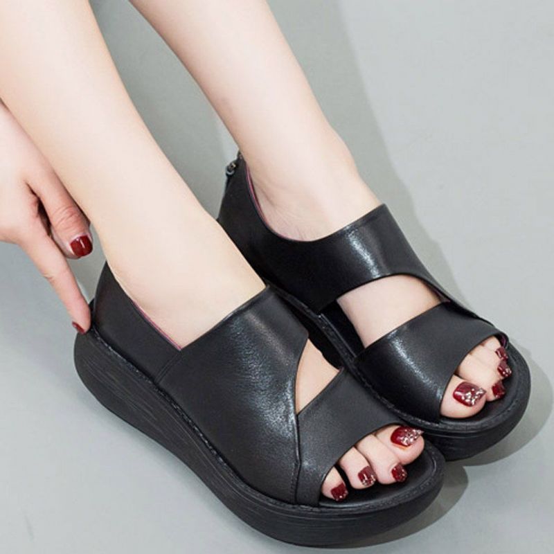 Peep Toe Wedge Casual Lædersandaler