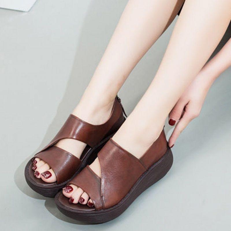 Peep Toe Wedge Casual Lædersandaler