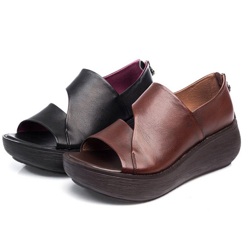 Peep Toe Wedge Casual Lædersandaler