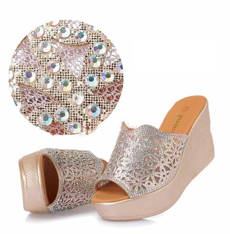 Rhinestone High Slope Heel Skridsikre Sandaler Og Hjemmesko Str 11 September