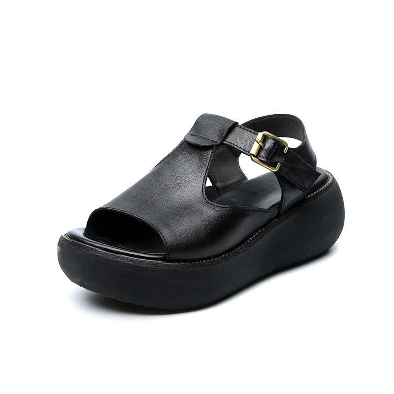 Solid Læder Casual Platform Justerbare Spænde Sandaler