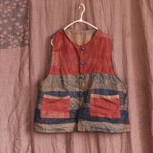 Dame Retro Patchwork Løs Vest Af Hør