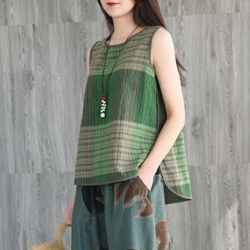 Retro Sommer Bomuld Linned Kvinder Casual Plaid Vest