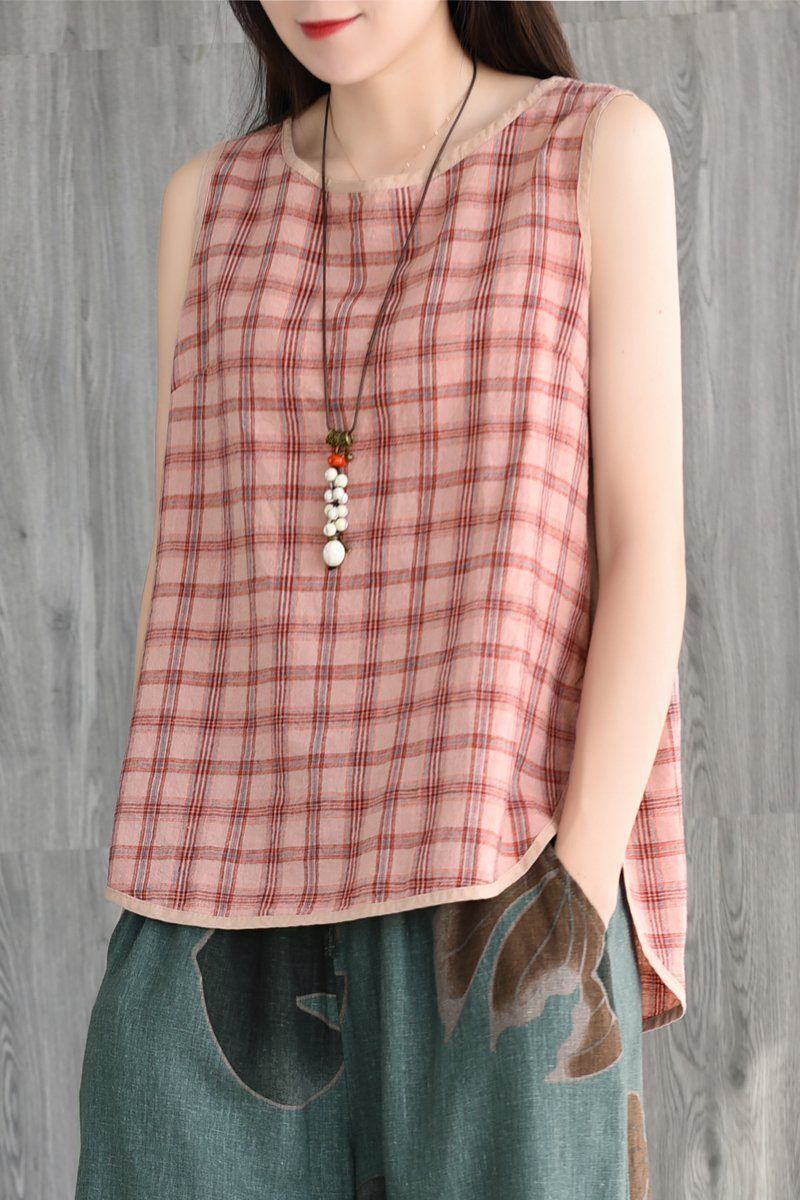 Retro Sommer Bomuld Linned Kvinder Casual Plaid Vest