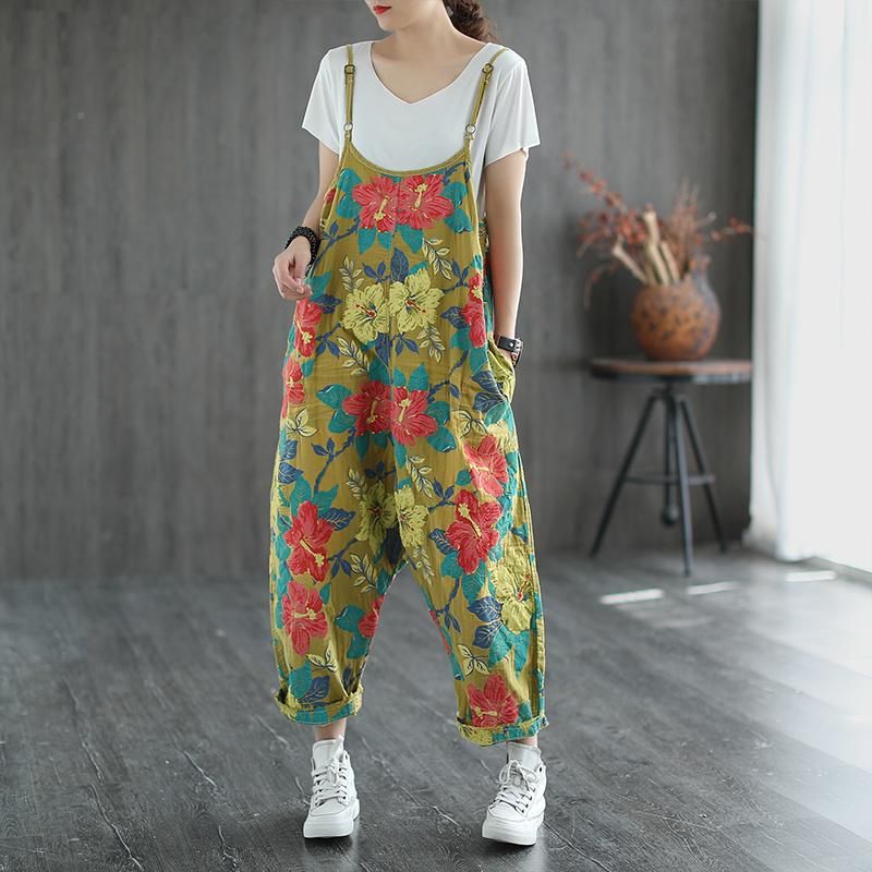 Blomstertrykt Casual Linned Løs Retro Jumpsuit