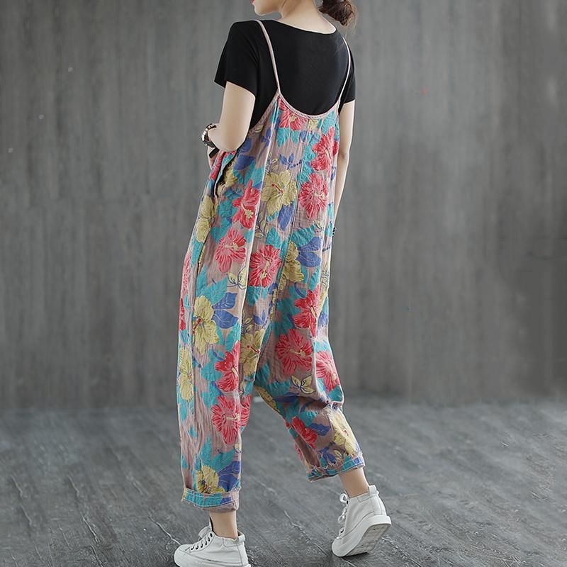 Blomstertrykt Casual Linned Løs Retro Jumpsuit