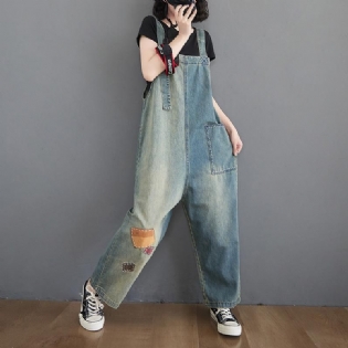 Dame Patch Loose Denim Straight Jumpsuit