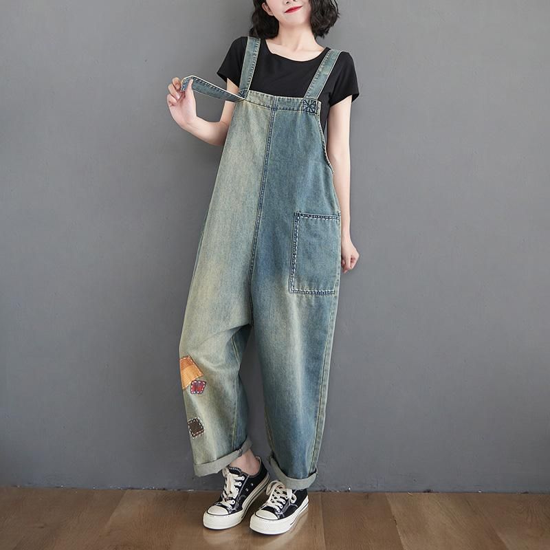 Dame Patch Loose Denim Straight Jumpsuit