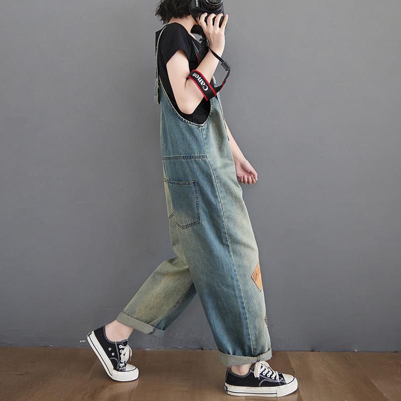 Dame Patch Loose Denim Straight Jumpsuit