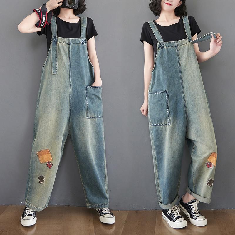 Dame Patch Loose Denim Straight Jumpsuit