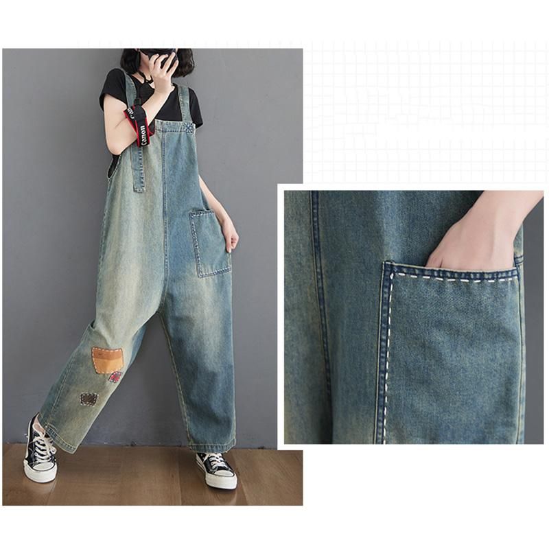 Dame Patch Loose Denim Straight Jumpsuit