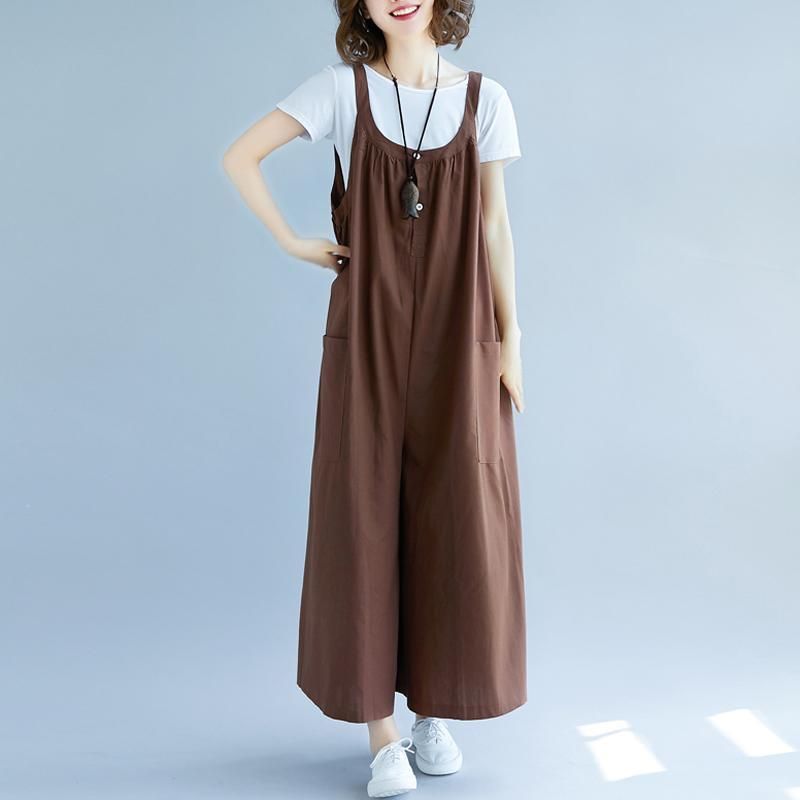 Dame Sommer Solid Samlede Lommer Casual Løse Jumpsuits