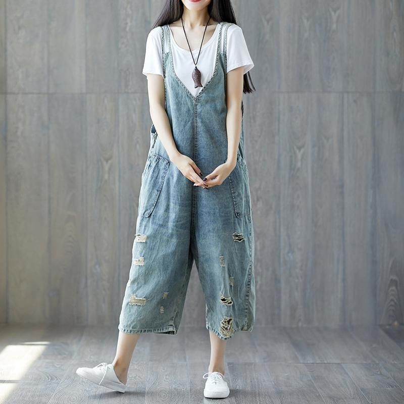 Distressed Loose Denim Casual Jumpsuit