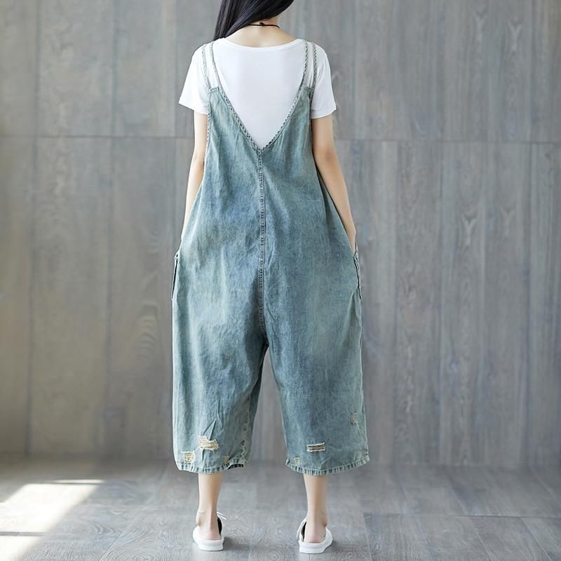 Distressed Loose Denim Casual Jumpsuit