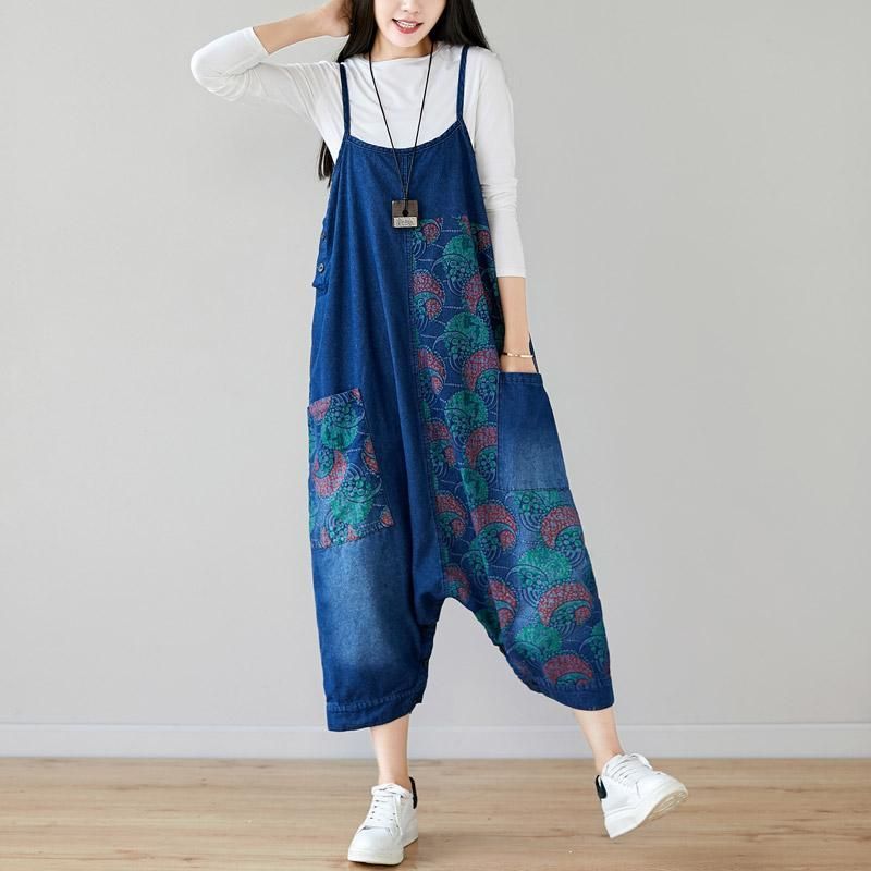 Efterår Denim Hagesmæk Løsthængende Retro Printet Nederdel Jumpsuit