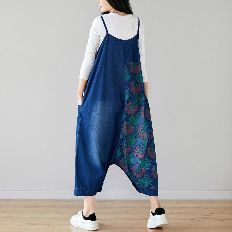 Efterår Denim Hagesmæk Løsthængende Retro Printet Nederdel Jumpsuit