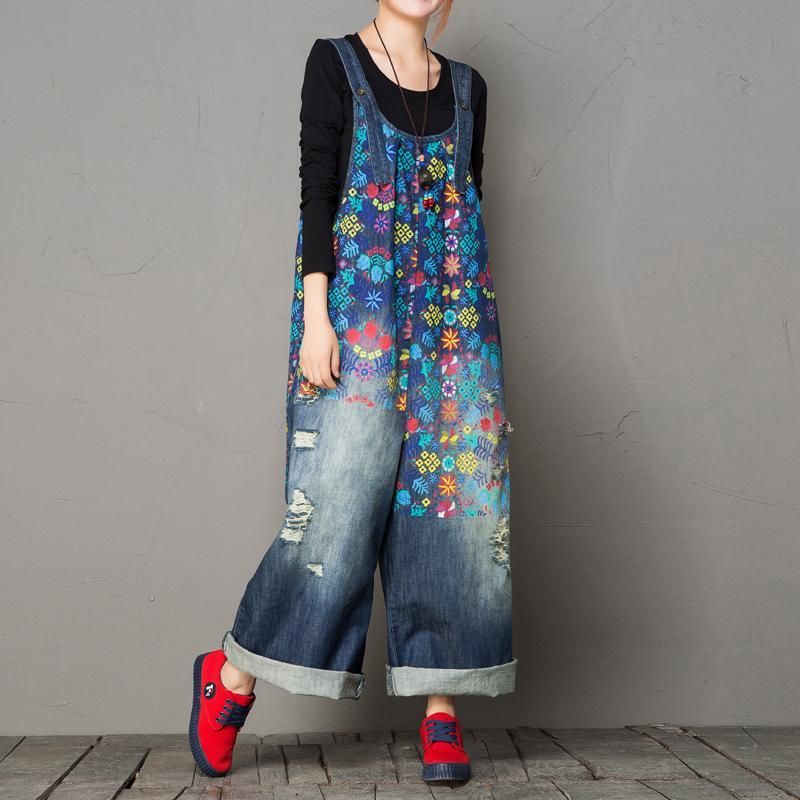 Efterår Loose Washed Hole Printing Vintage Denim Jumpsuit