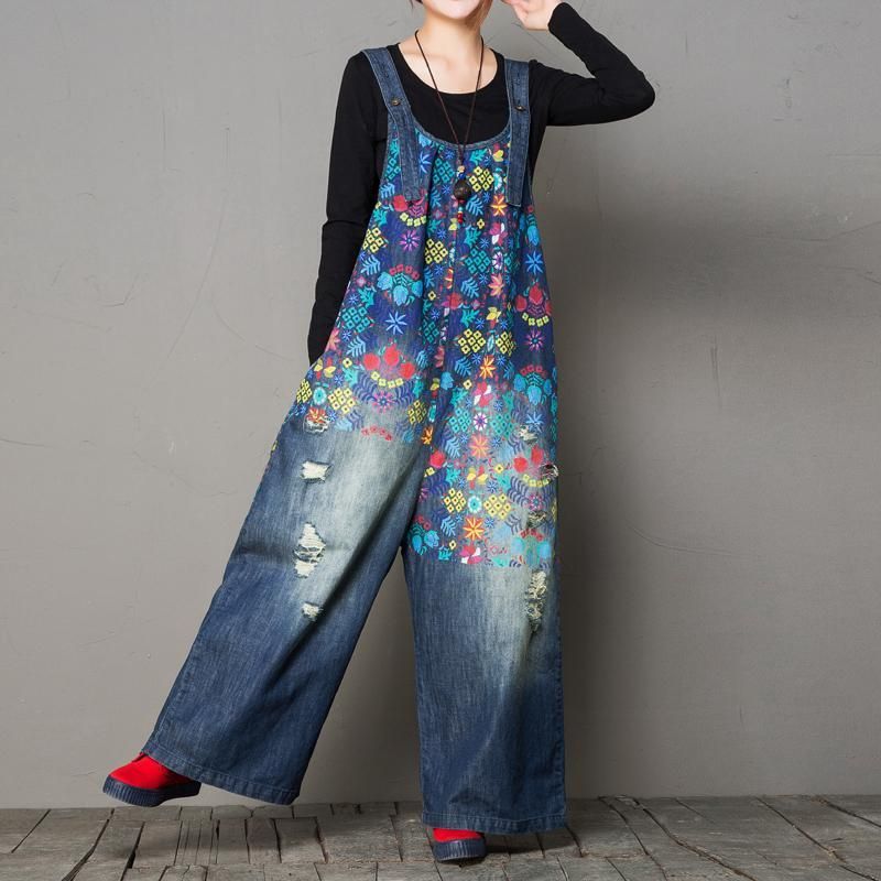 Efterår Loose Washed Hole Printing Vintage Denim Jumpsuit