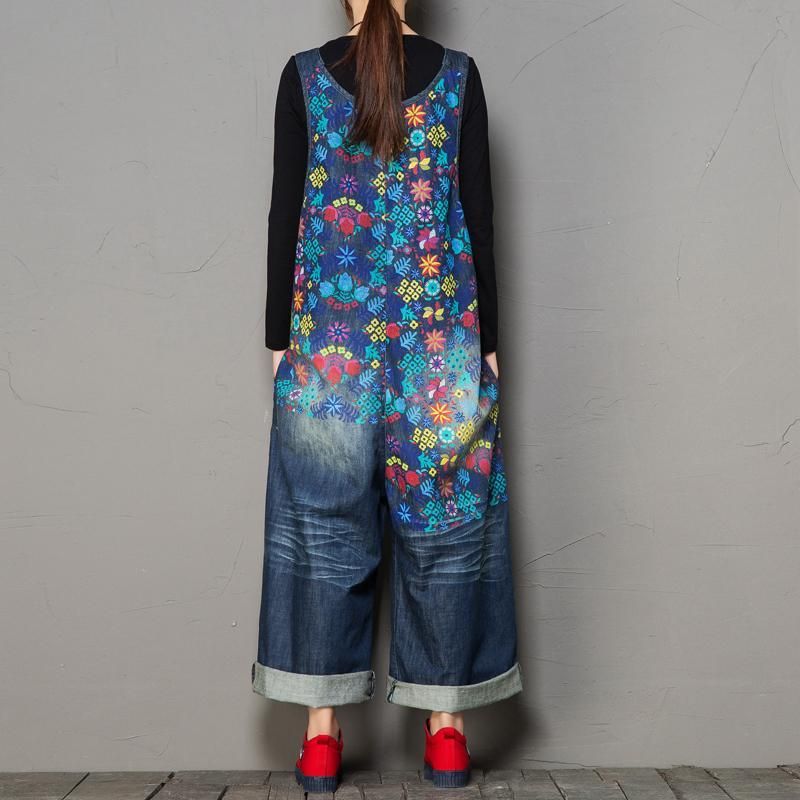 Efterår Loose Washed Hole Printing Vintage Denim Jumpsuit