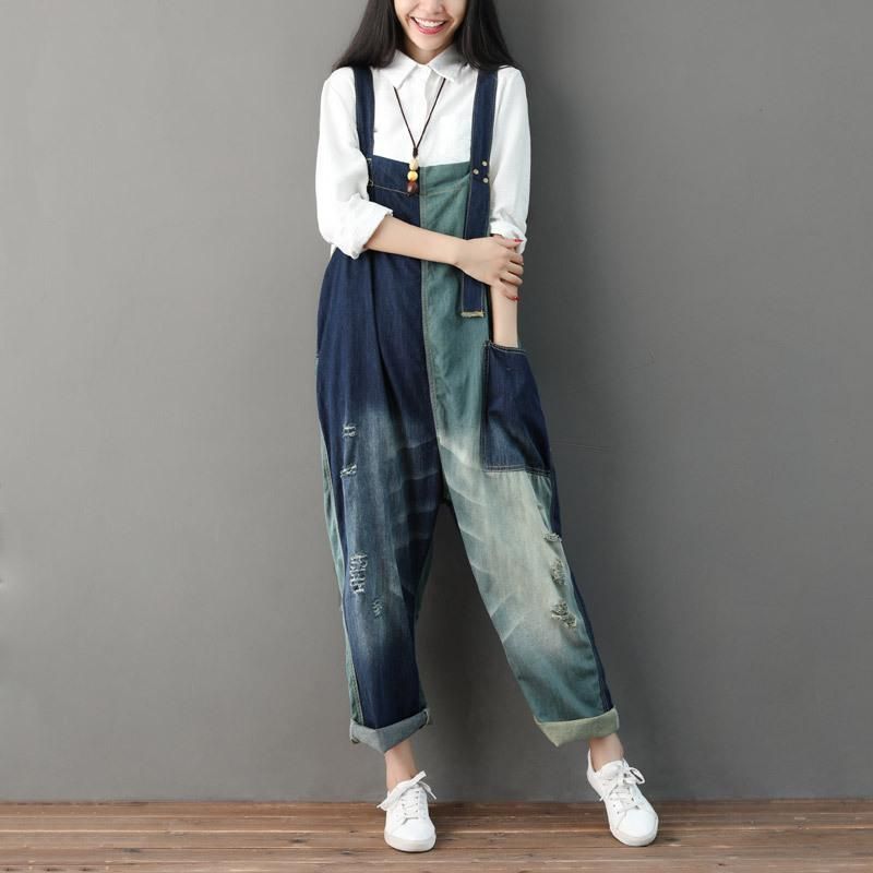 Efterår Ripped Patchwork Løs Casual Bomuld Denim Jumpsuit