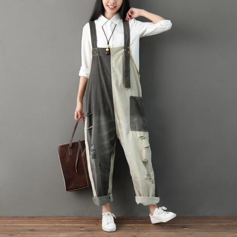 Efterår Ripped Patchwork Løs Casual Bomuld Denim Jumpsuit