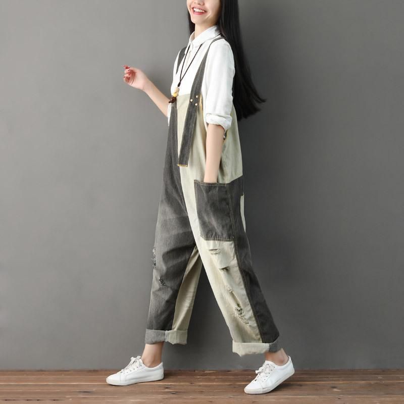 Efterår Ripped Patchwork Løs Casual Bomuld Denim Jumpsuit