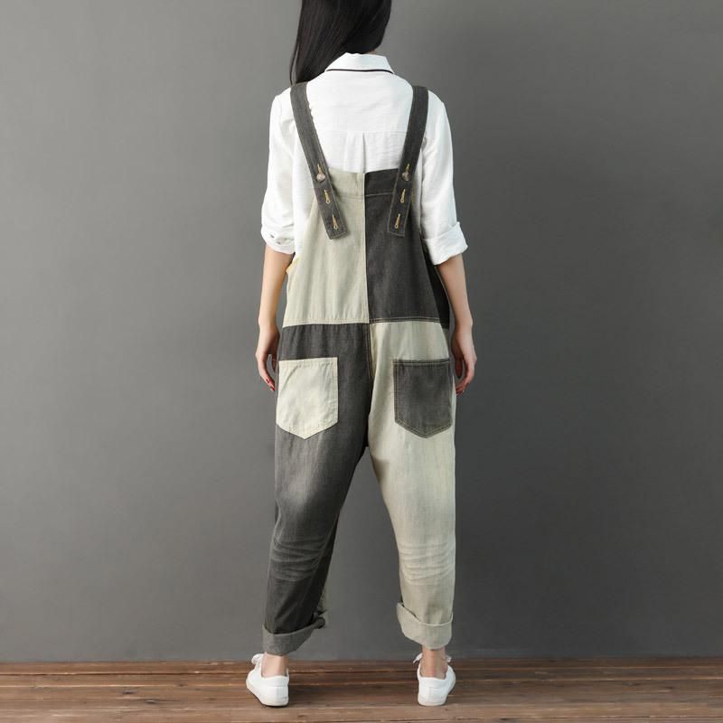 Efterår Ripped Patchwork Løs Casual Bomuld Denim Jumpsuit